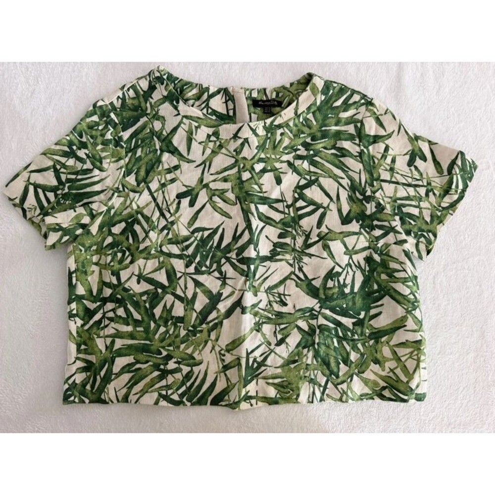 Massimo Dutti Green Palm Leaf Botanical Print Linen Blouse Top Size 42 / US 10